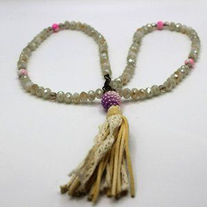Long Mult Color Crystal Beaded Leather Lace Tassel Fringe 13" Necklace 4" Tassel